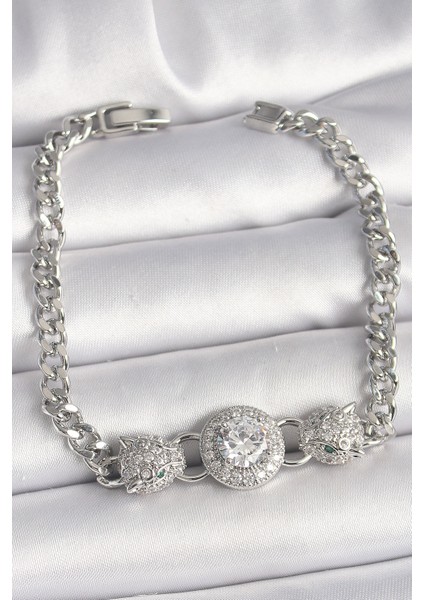 Pirinç Gümüş Renk Zirkon Taşlı Leopar Figür Zincir Model Kadın Bileklik - TJ-BB6829