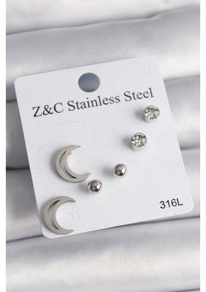 316L Çelik Gümüş Renk Zirkon Taşlı Hilal Model Kadın Küpe Seti - TJ-BKP10010