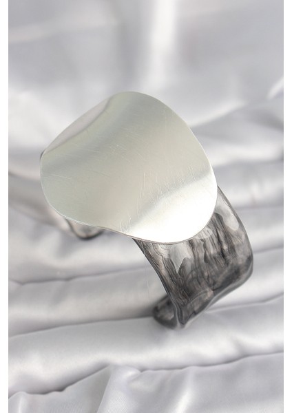 Siyah Mermer Desen Akrilik Pilastik Gümüş Plaka Model Vintage Kadın Bilezik - TJ-BB6669