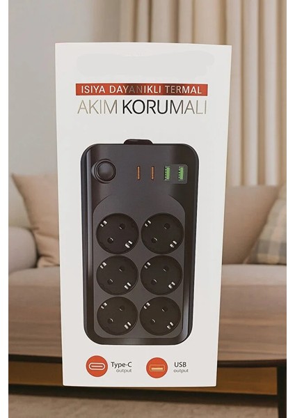Termal Akım Korumalı USB ve Type-C 2.1A Şarj Çıkışlı 10A 2500W 6'lı Uzatma Grup Priz
