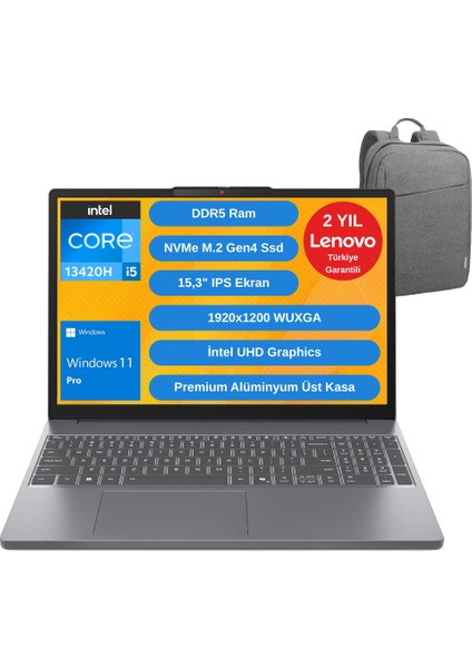 Ideapad Slim 3 Intel Core I5 13420H 24GB 512GB SSD 15.3" Wuxga Windows 11 Pro Taşınabilir Bilgisayar - Lenovo Çanta WZ33