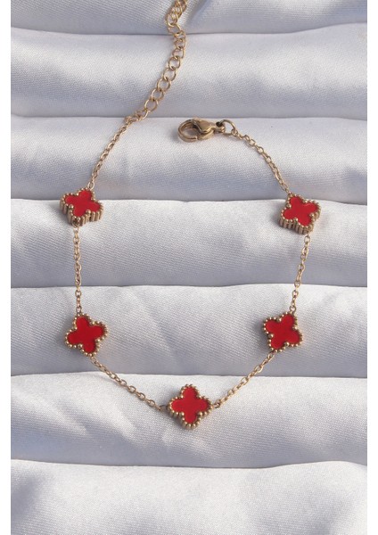 316L Çelik Baby Boy Gold Renk Kırmızı Mineli Yonca Bileklik - TJ-BB6274