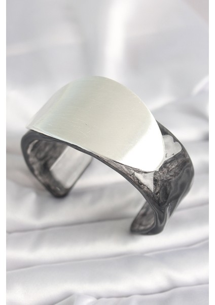 Siyah Mermer Desen Akrilik Plastik Gümüş Oval Plaka Model Vintage Kadın Bilezik - TJ-BB6673