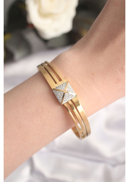 316L Çelik Zirkon Taşlı Gold Renk Kadın Kelepçe Bilezik - TJ-BB6024 modelleri