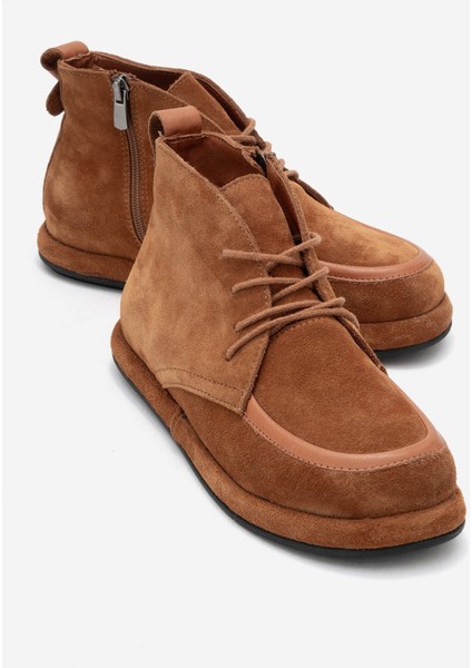 Martas Taba Süet Hakiki Deri Bağcıklı Fermuarlı Kadın Bilekte Bot