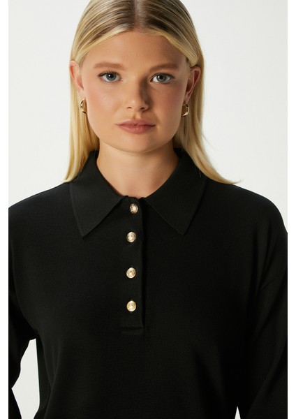 Kadın Watch Premium Doku Polo Yaka Siyah Gold Düğmeli Triko Kazak modelleri