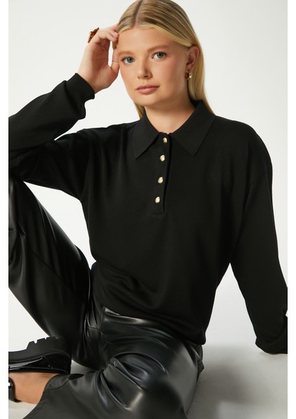 Kadın Watch Premium Doku Polo Yaka Siyah Gold Düğmeli Triko Kazak fırsatları