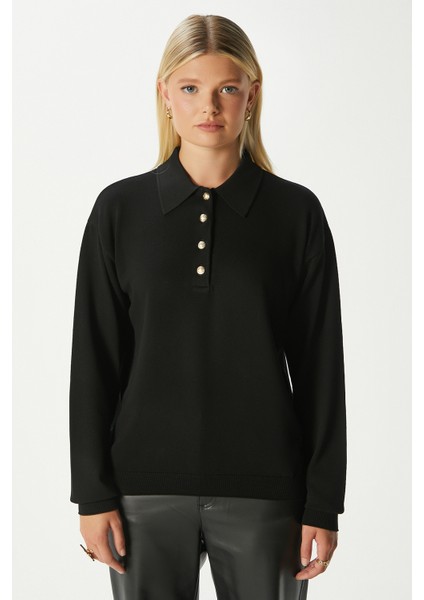 Kadın Watch Premium Doku Polo Yaka Siyah Gold Düğmeli Triko Kazak indirimleri