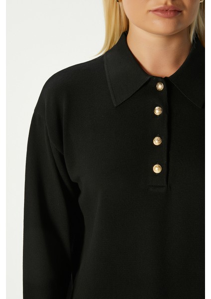 Kadın Watch Premium Doku Polo Yaka Siyah Gold Düğmeli Triko Kazak