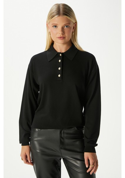 Kadın Watch Premium Doku Polo Yaka Siyah Gold Düğmeli Triko Kazak