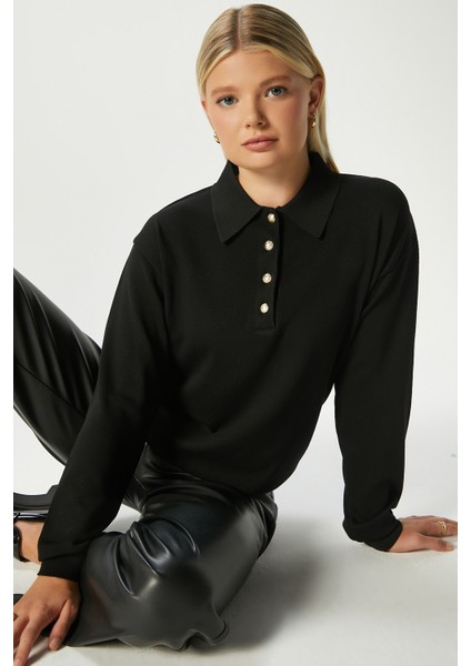 Kadın Watch Premium Doku Polo Yaka Siyah Gold Düğmeli Triko Kazak