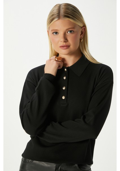 Kadın Watch Premium Doku Polo Yaka Siyah Gold Düğmeli Triko Kazak