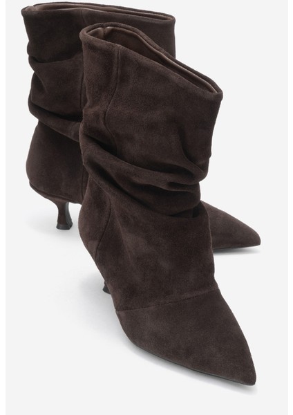 Baleı Kahverengi Süet Hakiki Deri Kadın Kısa Topuklu Bot