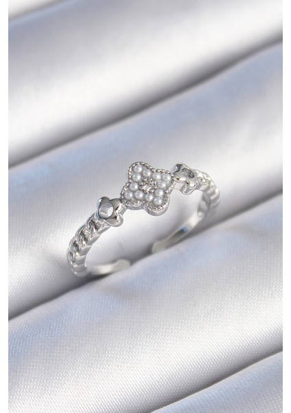 Pirinç Gümüş Renk Incili Yonca Model Zirkon Taş Detaylı Kadın Yüzük - TJ-BYK3439