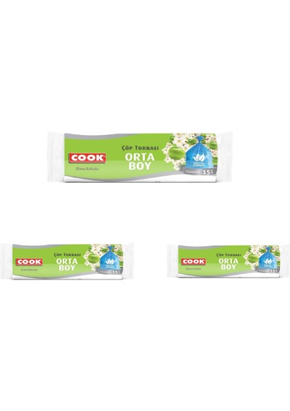 3 Paket Elma Kokulu 15'li Orta Boy Çöp Torbası 55X60 cm