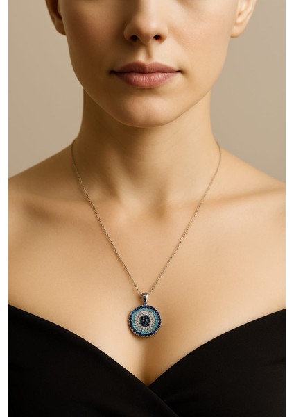 Nazar Tasarımlı Mavi Zirkon Taşlı kolye