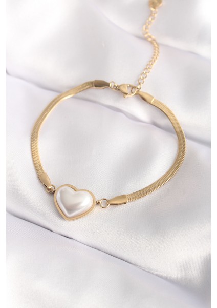 316L Çelik Gold Renk Bombeli Kalp Kadın Bileklik - TJ-BB6014