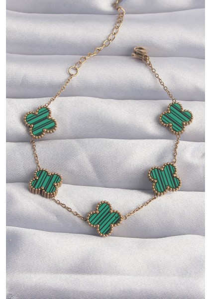 316L Çelik Gold Renk Çizgili Yeşil Mineli Yonca Bileklik - TJ-BB6260