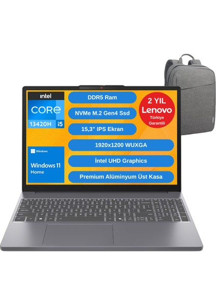 Ideapad Slim 3 Intel Core I5 13420H 40GB 512GB SSD 15.3" Wuxga Windows 11 Home Taşınabilir Bilgisayar - Lenovo Çanta WZ11