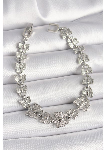 Pirinç Gümüş Renk Zirkon Taşlı Kelebek Model Zincir Kadın Bileklik - TJ-BB6835 fiyatları