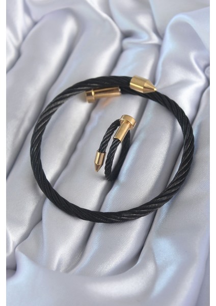 316L Çelik Siyah Renk Gold Detay Sarmal Model Erkek Bileklik Yüzük Kombini - TJ-EB3598