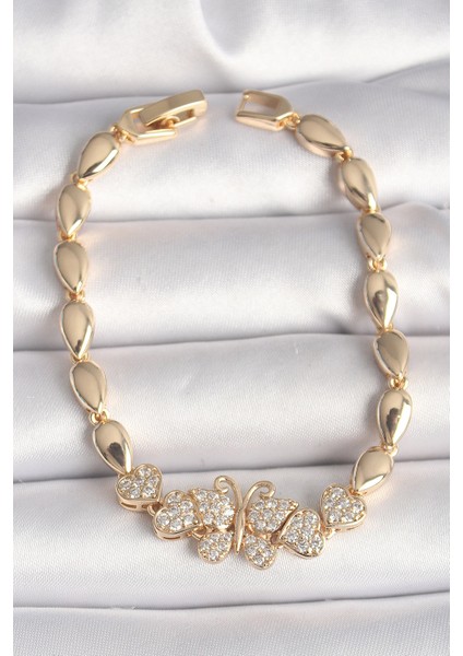 Pirinç Gold Renk Zirkon Taşlı Kelebek Figür Damla Zincir Model Kadın Bileklik - TJ-BB6840