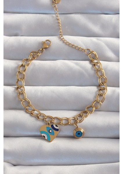 316L Çelik Gold Renk Nazarlı Kalp Model Zincir Bileklik - TJ-BB6227 fiyatları