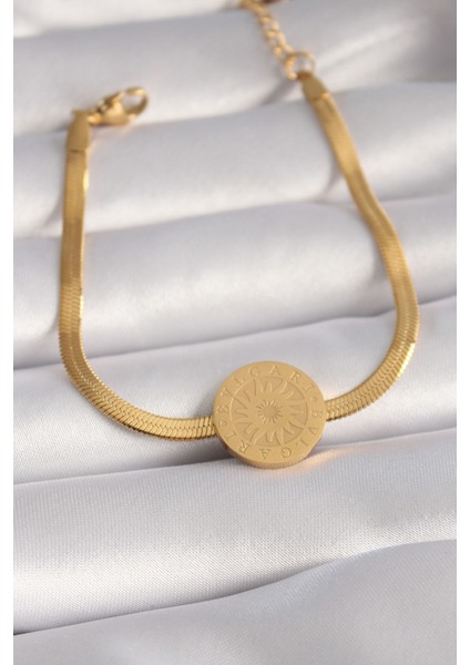 316L Çelik Gold Renk Italyan Zincir Model Işlemeli Madalyon Figür Kadın Bileklik - TJ-BB5933