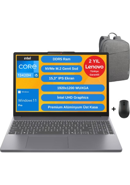 Ideapad Slim 3 Intel Core I5 13420H 24GB 1TB SSD 15.3" Wuxga Windows 11 Pro Taşınabilir Bilgisayar - Lenovo Çanta/mouse WZ46