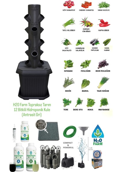 Hidroponik Dikey Tarım - Topraksız Tarım Kule Sistemi Hobi Seti - 12 Bitkilik Sera