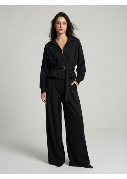 Kadın Modal Kumaş Fermuarlı Takım Siyah