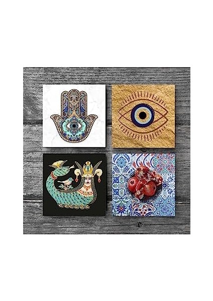 Nazar, Şahmeran, Nar, Fatma Ana Eli Taş Bardak Altlığı Seti - 4 Parça - Dekoratif, Rustik Mutfak Aksesuarı, 10X10 Cm, Kaydırmaz Tabanlı, Şık ve Dayanıklı SC507 fiyatları