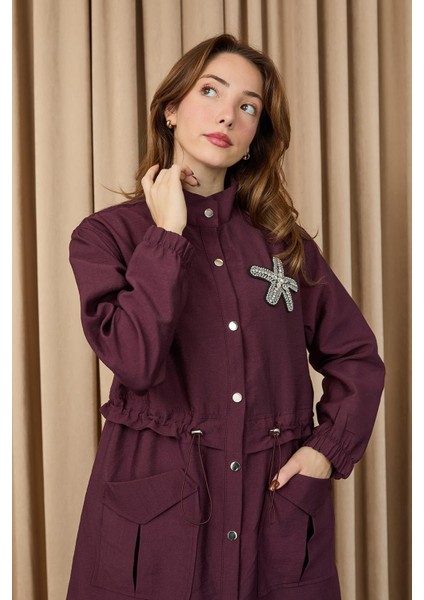 10741 Taş Detaylı Paraşüt Kumaş Trenç Gömlek