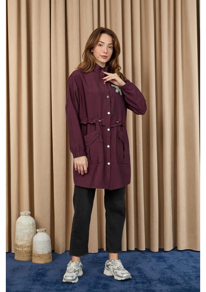 10741 Taş Detaylı Paraşüt Kumaş Trenç Gömlek