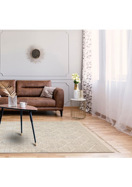 Lion 03 Beıge Hasır Dokulu Bukle Dokumasıyla Hav Toz Vermez Modern Makine Halısı