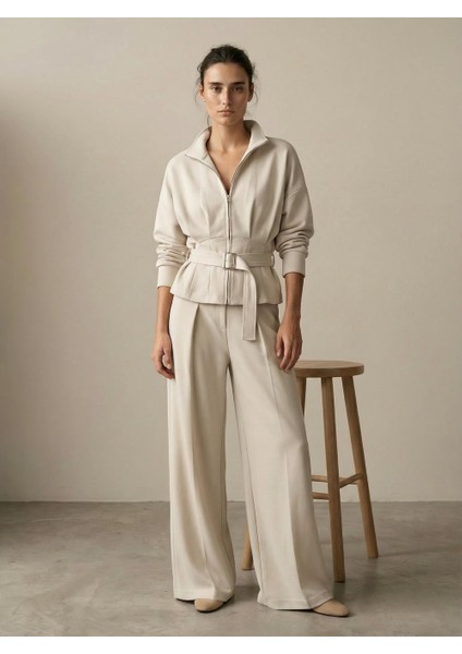 Kadın Modal Kumaş Fermuarlı Takım Krem