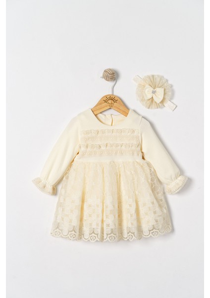 Kız Bebek Mevlütlük Elbise Bandanalı Dantelli ELB1067
