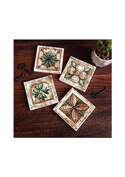 Fas Desenli Taş Bardak Altlığı Seti - 4 Parça - Dekoratif, Rustik Mutfak Aksesuarı, 10X10 Cm, Kaydırmaz Tabanlı, Şık ve Dayanıklı SC145
