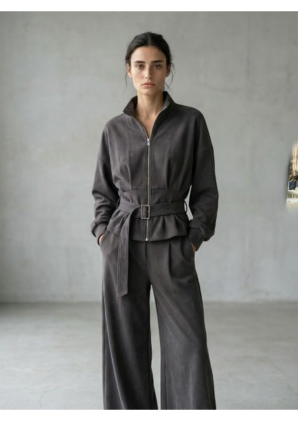 Kadın Modal Kumaş Fermuarlı Takım Kahverengi