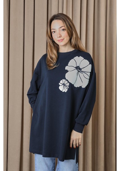 10743 2 Ip Kumaş Taş ve Baskılı Detaylı Sweatshirt