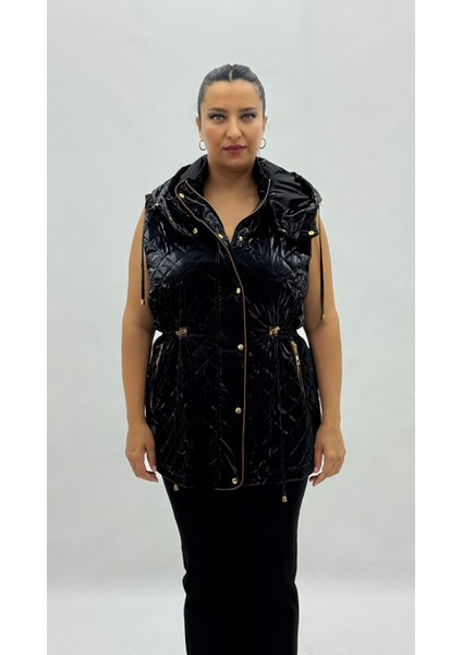 Büyük Beden Kapüşonlu Parlak Kapitone Belden Bağcıklı Kadın Uzun Yelek