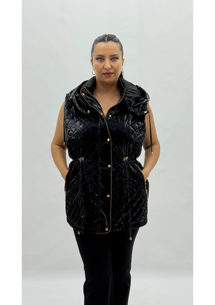 Büyük Beden Kapüşonlu Parlak Kapitone Belden Bağcıklı Kadın Uzun Yelek fiyatları