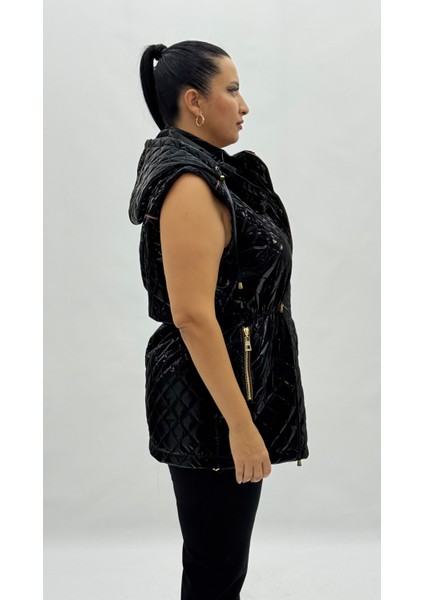 Büyük Beden Kapüşonlu Parlak Kapitone Belden Bağcıklı Kadın Uzun Yelek modelleri