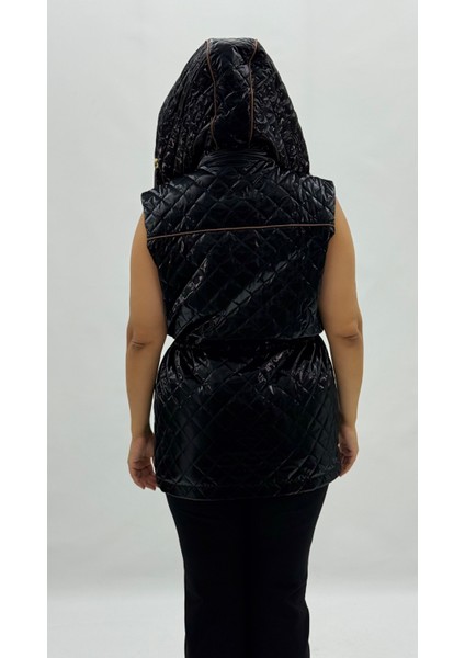 Büyük Beden Kapüşonlu Parlak Kapitone Belden Bağcıklı Kadın Uzun Yelek fırsatları