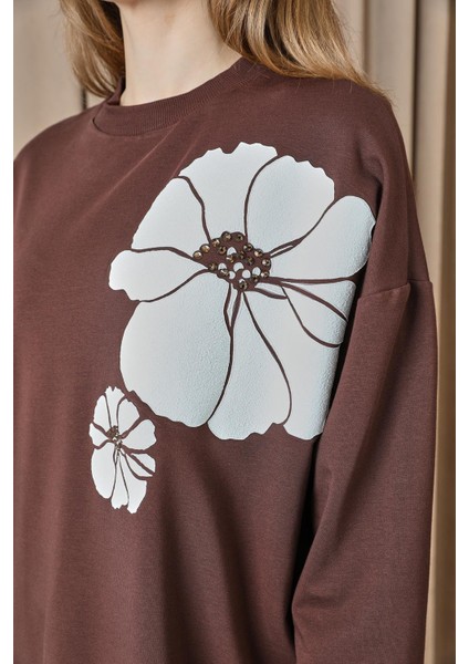 10743 2 Ip Kumaş Taş ve Baskılı Detaylı Sweatshirt