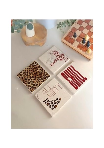 Leopar Desenli ve Motivasyon Doğal Taş Bardak Altlığı 4 Lü Set, Şık Masa Sunum Ürünü