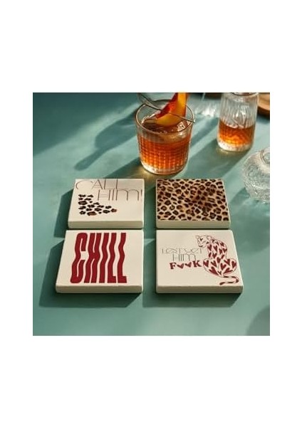 Leopar Desenli ve Motivasyon Doğal Taş Bardak Altlığı 4 Lü Set, Şık Masa Sunum Ürünü modelleri