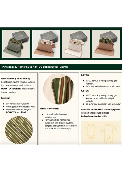 Baby Home Pine Green 1.0 Tog Bebek Uyku Tulumu Oeko-Tex Sertifikalı %100 Pamuk
