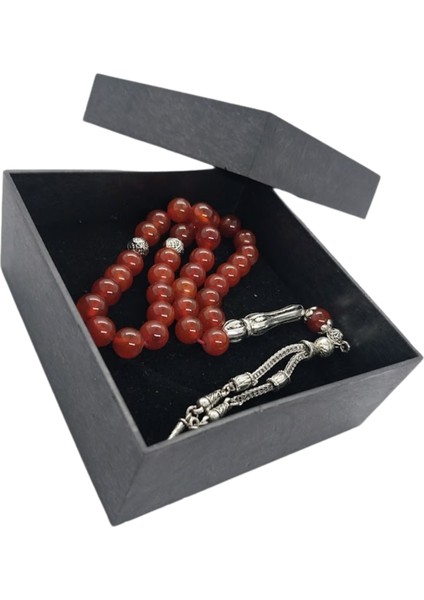 Dogal Taş Akik Tesbih,Gümüş Kaplama İkili Model Metal Püskül Tespih.Hediye Kutulu