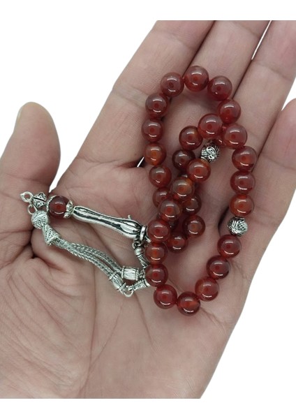 Dogal Taş Akik Tesbih,Gümüş Kaplama İkili Model Metal Püskül Tespih.Hediye Kutulu